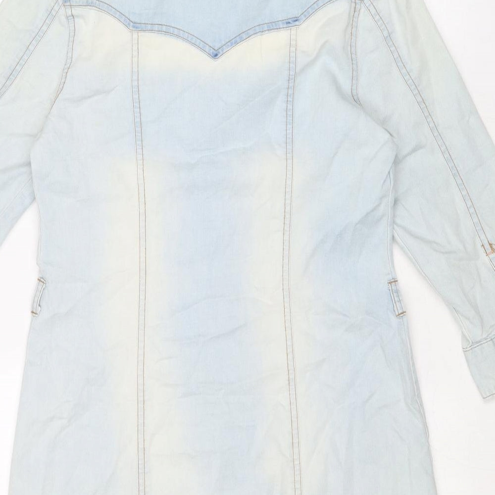 New Look Womens Blue Cotton Shirt Dress Size 10 Collared Snap