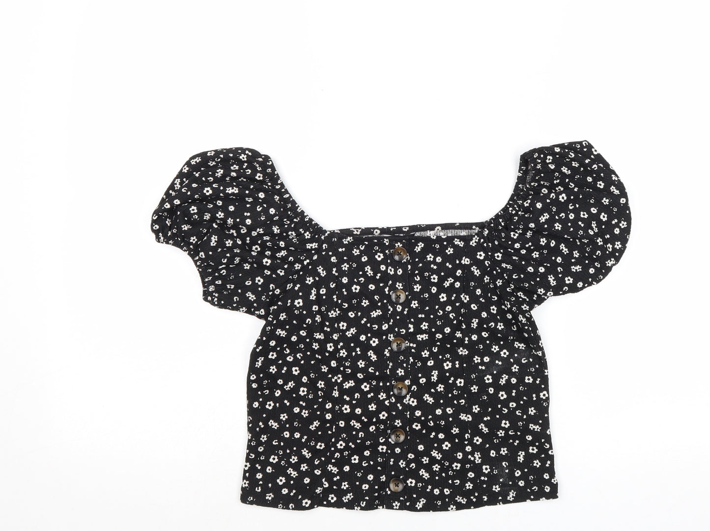 M&Co Girls Black Floral Polyester Pullover Blouse Size 13 Years Scoop Neck Pullover