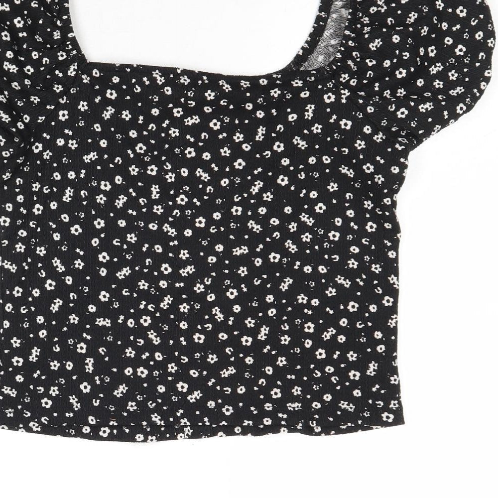 M&Co Girls Black Floral Polyester Pullover Blouse Size 13 Years Scoop Neck Pullover