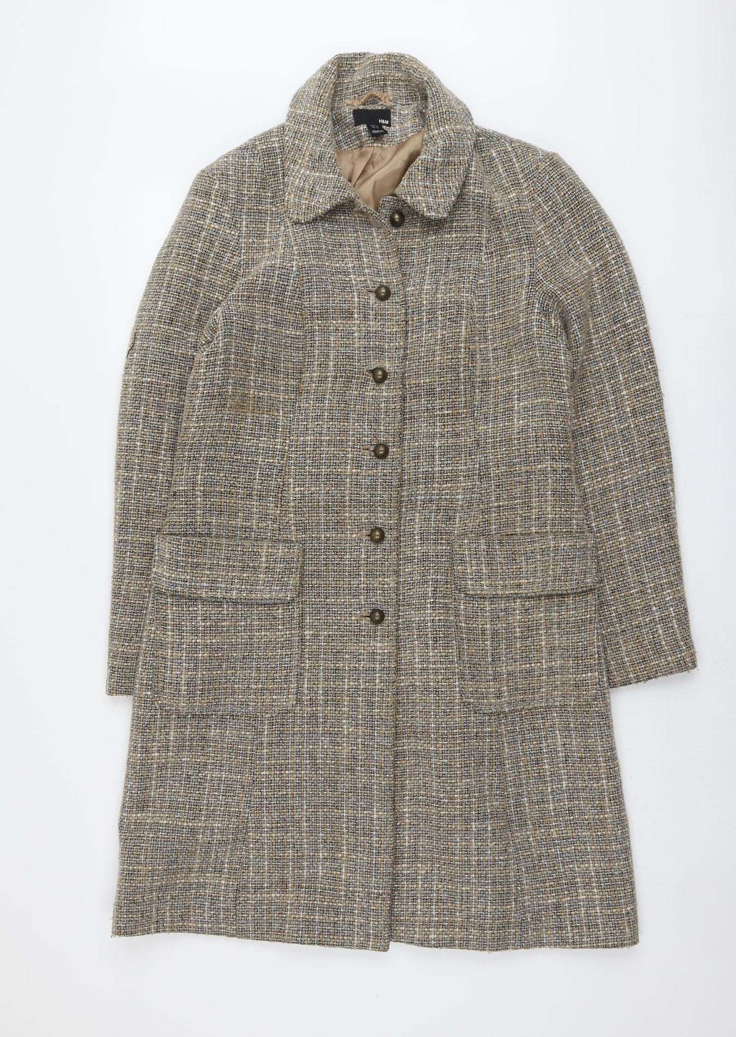 H&M Womens Beige Geometric Overcoat Coat Size 12 Button