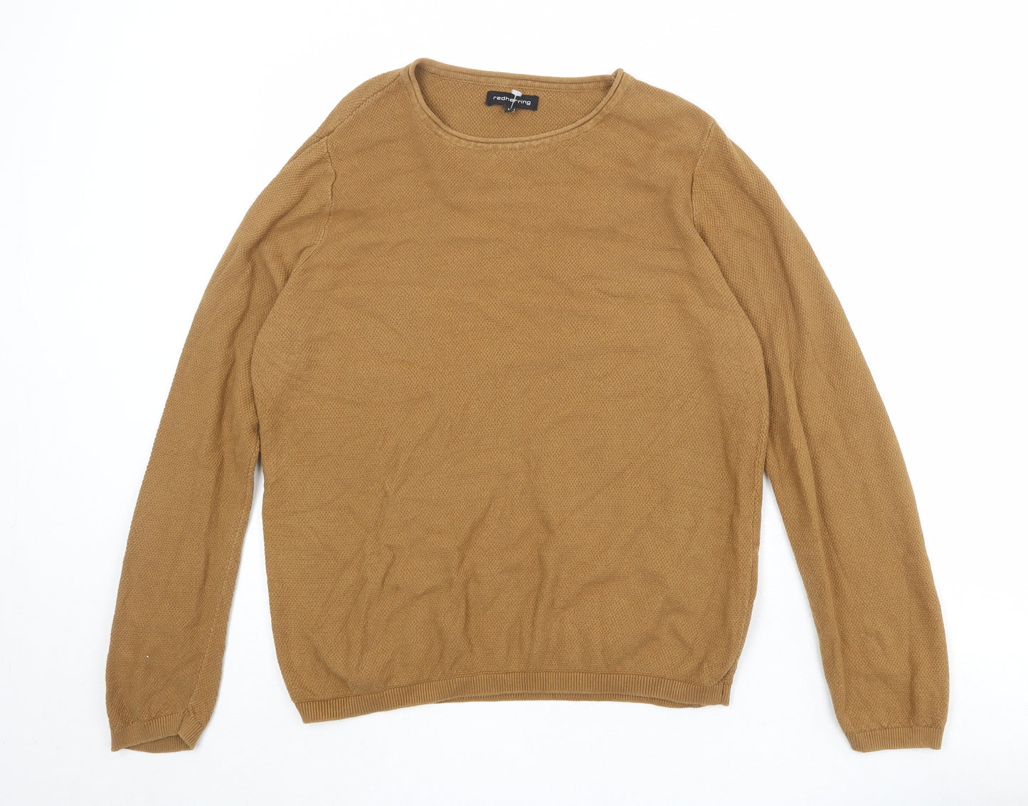 Red Herring Mens Brown Round Neck Cotton Pullover Jumper Size L Long Sleeve