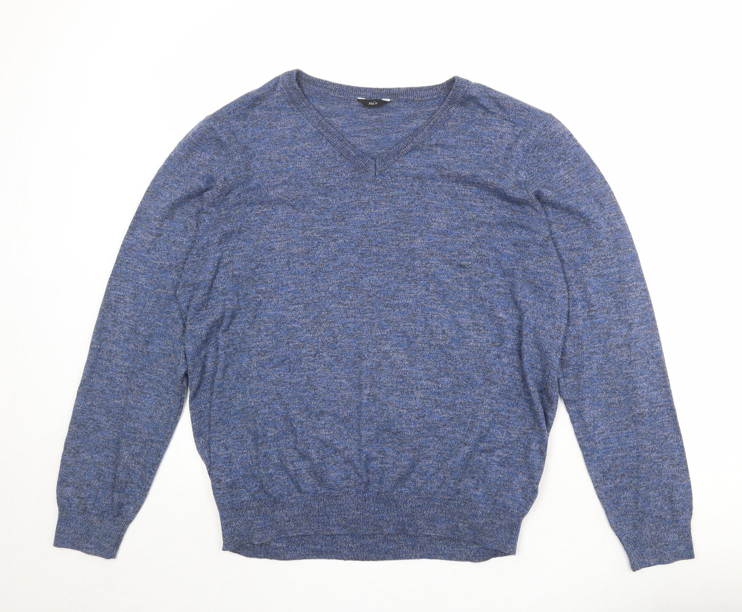 M&Co Mens Blue V-Neck Cotton Pullover Jumper Size XL Long Sleeve