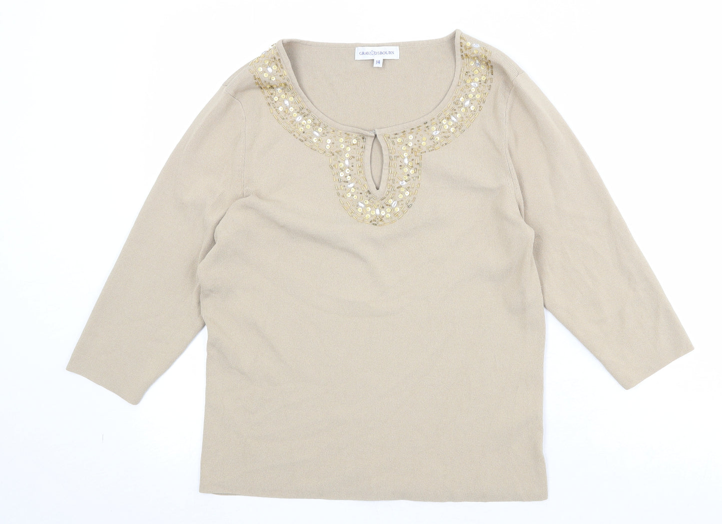 Gray & Osbourn Womens Beige Scoop Neck Viscose Pullover Jumper Size 14