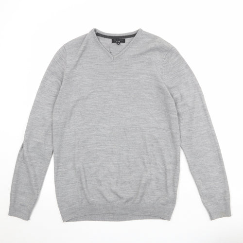 New Look Mens Grey V-Neck Acrylic Pullover Jumper Size M Long Sleeve