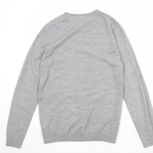 New Look Mens Grey V-Neck Acrylic Pullover Jumper Size M Long Sleeve