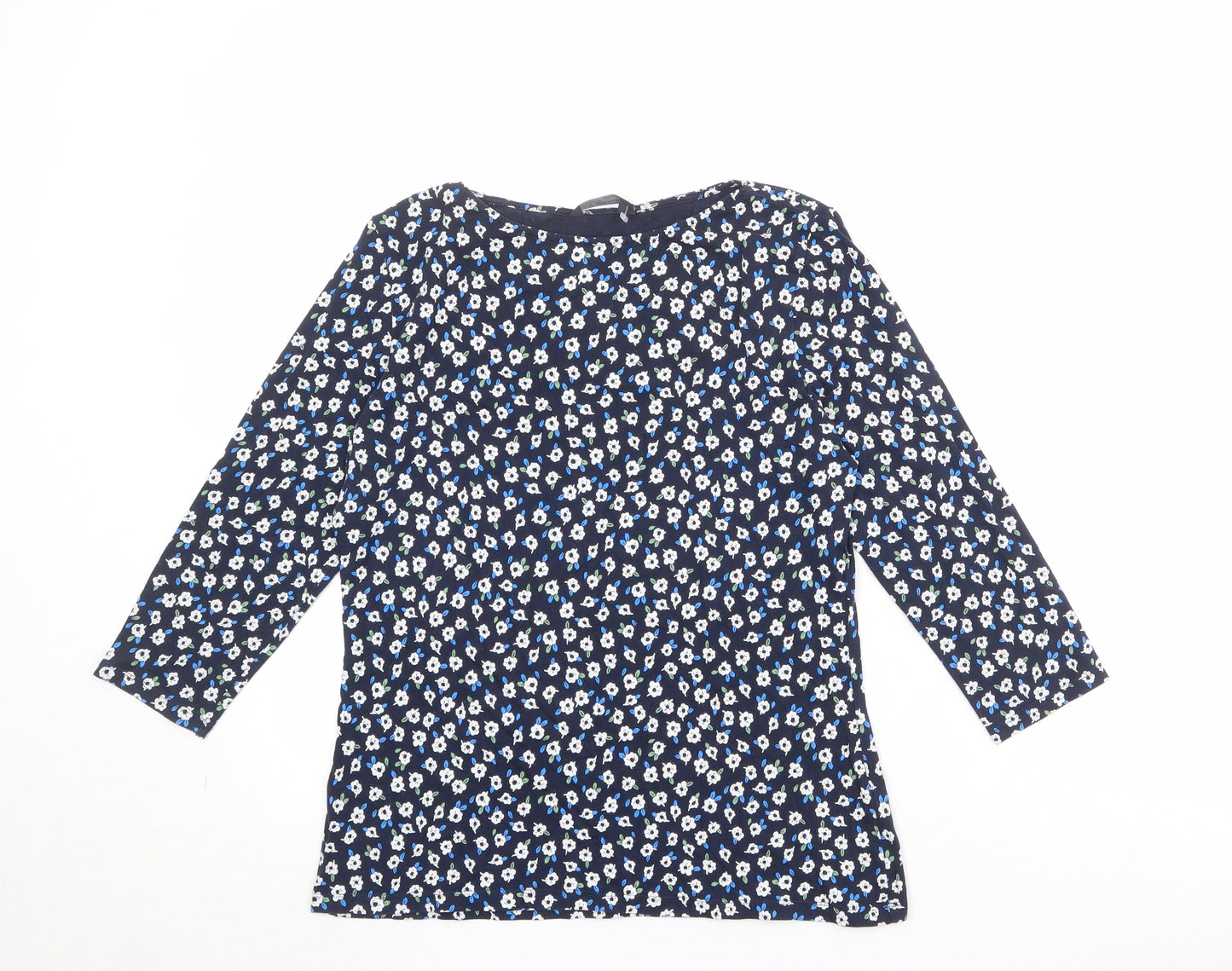Marks and Spencer Womens Blue Floral Cotton Basic T-Shirt Size 14 Boat Neck