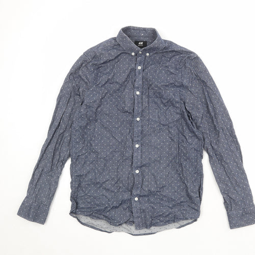 H&M Mens Blue Polka Dot Cotton Button-Up Size S Collared Button