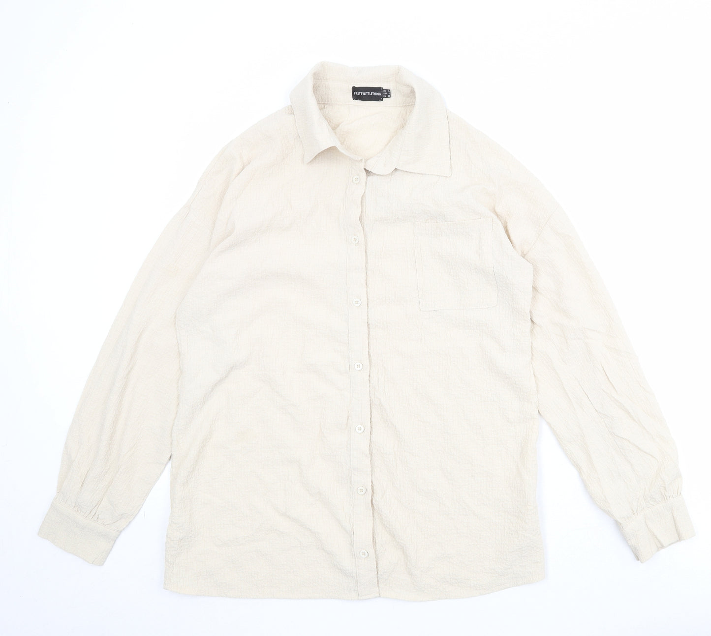 PRETTYLITTLETHING Womens Beige Polyester Basic Button-Up Size 12 Collared