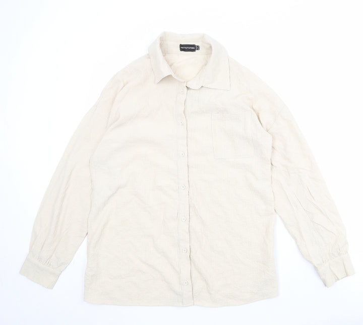 PRETTYLITTLETHING Womens Beige Polyester Basic Button-Up Size 12 Collared