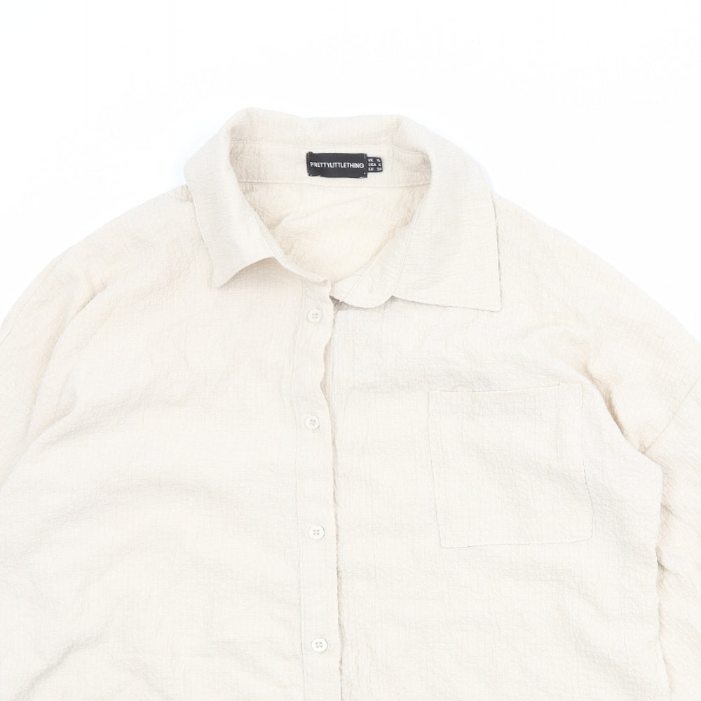 PRETTYLITTLETHING Womens Beige Polyester Basic Button-Up Size 12 Collared