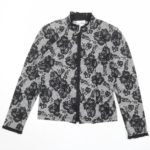 Joseph Ribkoff Womens Black Geometric Jacket Size 12 Zip - Flower Detail
