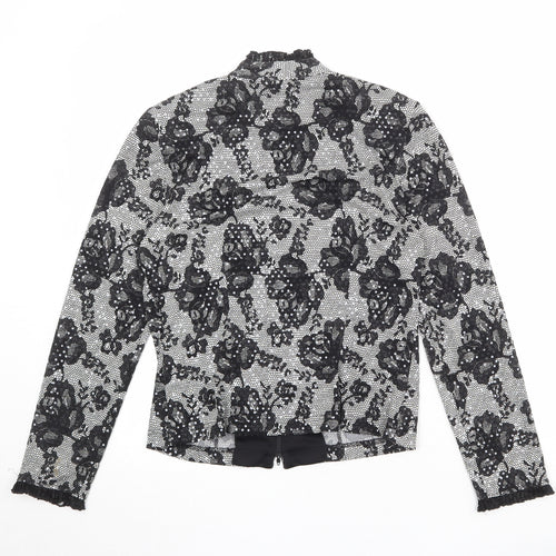 Joseph Ribkoff Womens Black Geometric Jacket Size 12 Zip - Flower Detail