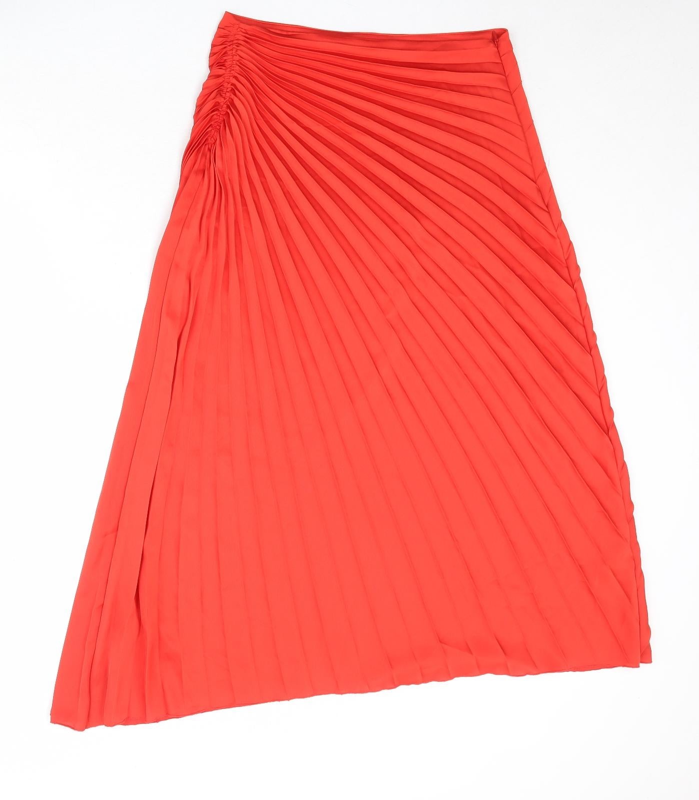 Marks and Spencer Womens Orange Polyester Pleated Skirt Size 8 Zip