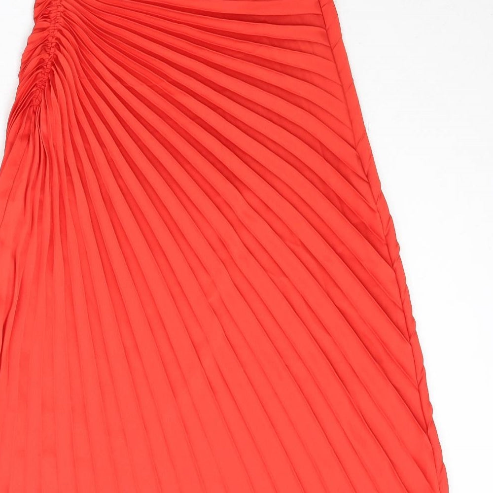 Marks and Spencer Womens Orange Polyester Pleated Skirt Size 8 Zip