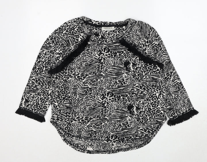 Indigo Womens Black Round Neck Animal Print Cotton Pullover Jumper Size 12 - Tiger Print