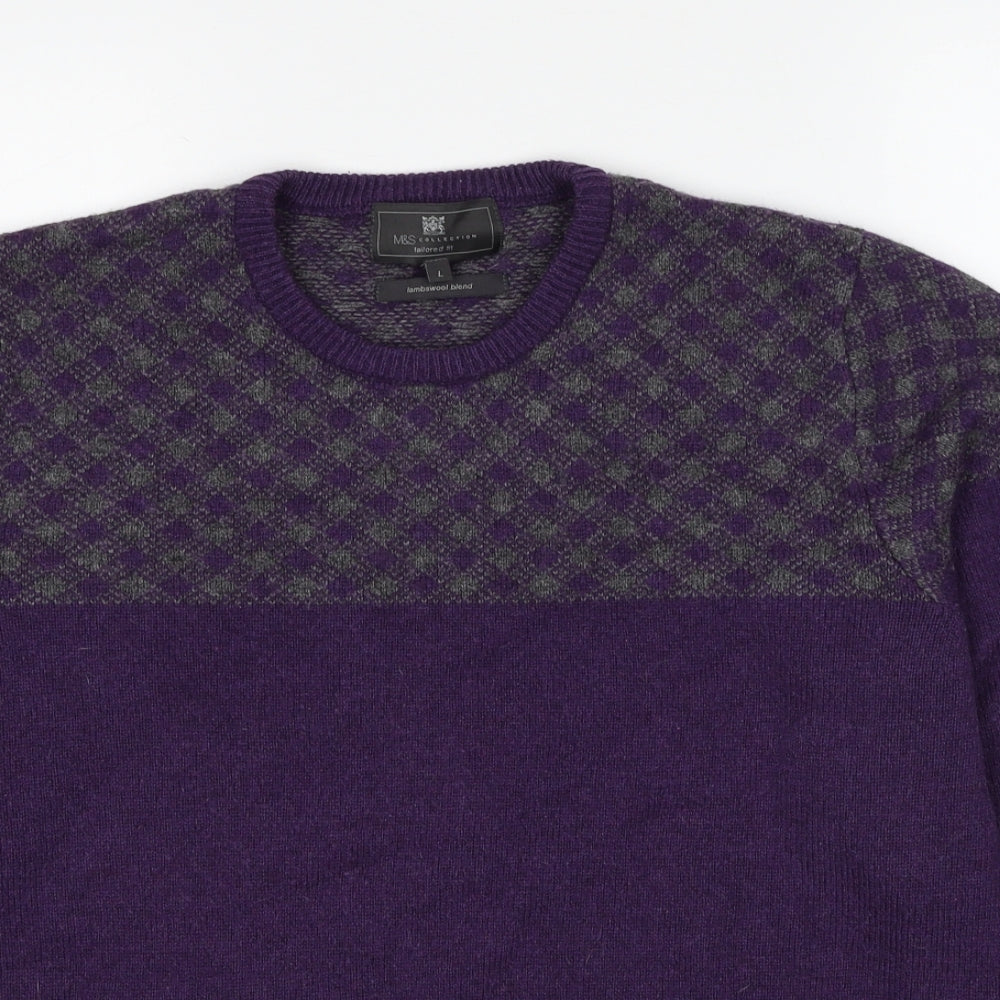 Marks and Spencer Mens Purple Round Neck Geometric Acrylic Pullover Jumper Size L Long Sleeve