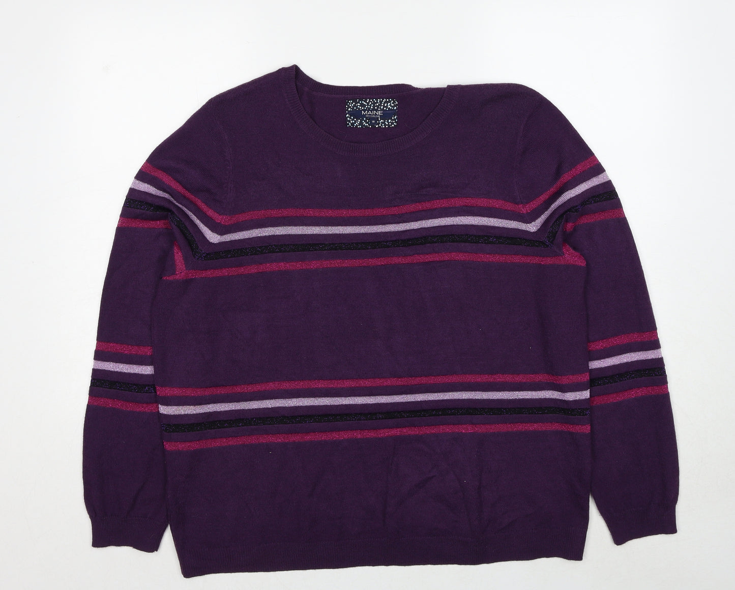 Maine Womens Purple Round Neck Striped Acrylic Pullover Jumper Size 18