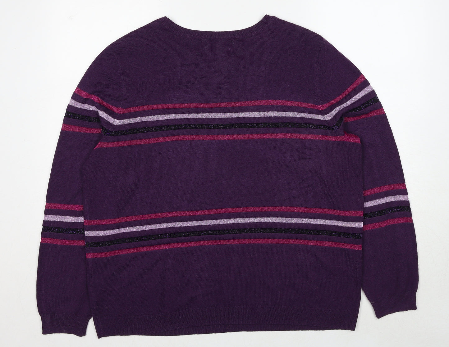Maine Womens Purple Round Neck Striped Acrylic Pullover Jumper Size 18