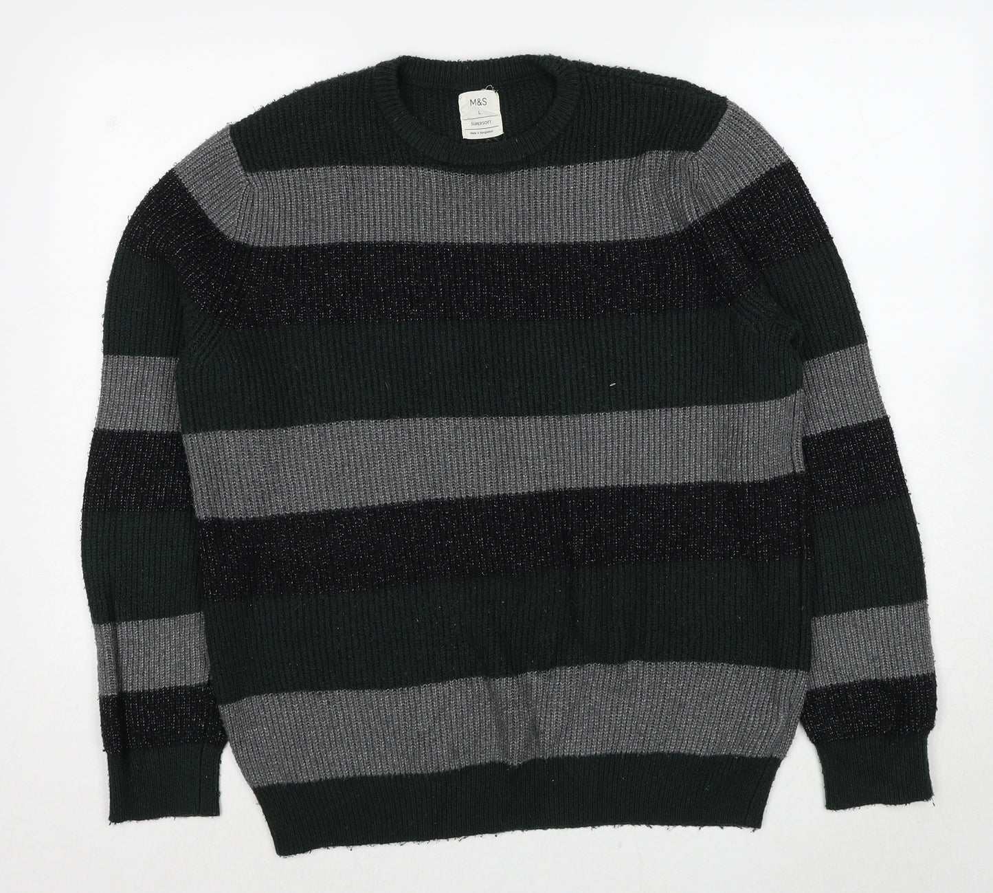 Marks and Spencer Mens Green Round Neck Striped Polyamide Pullover Jumper Size L Long Sleeve