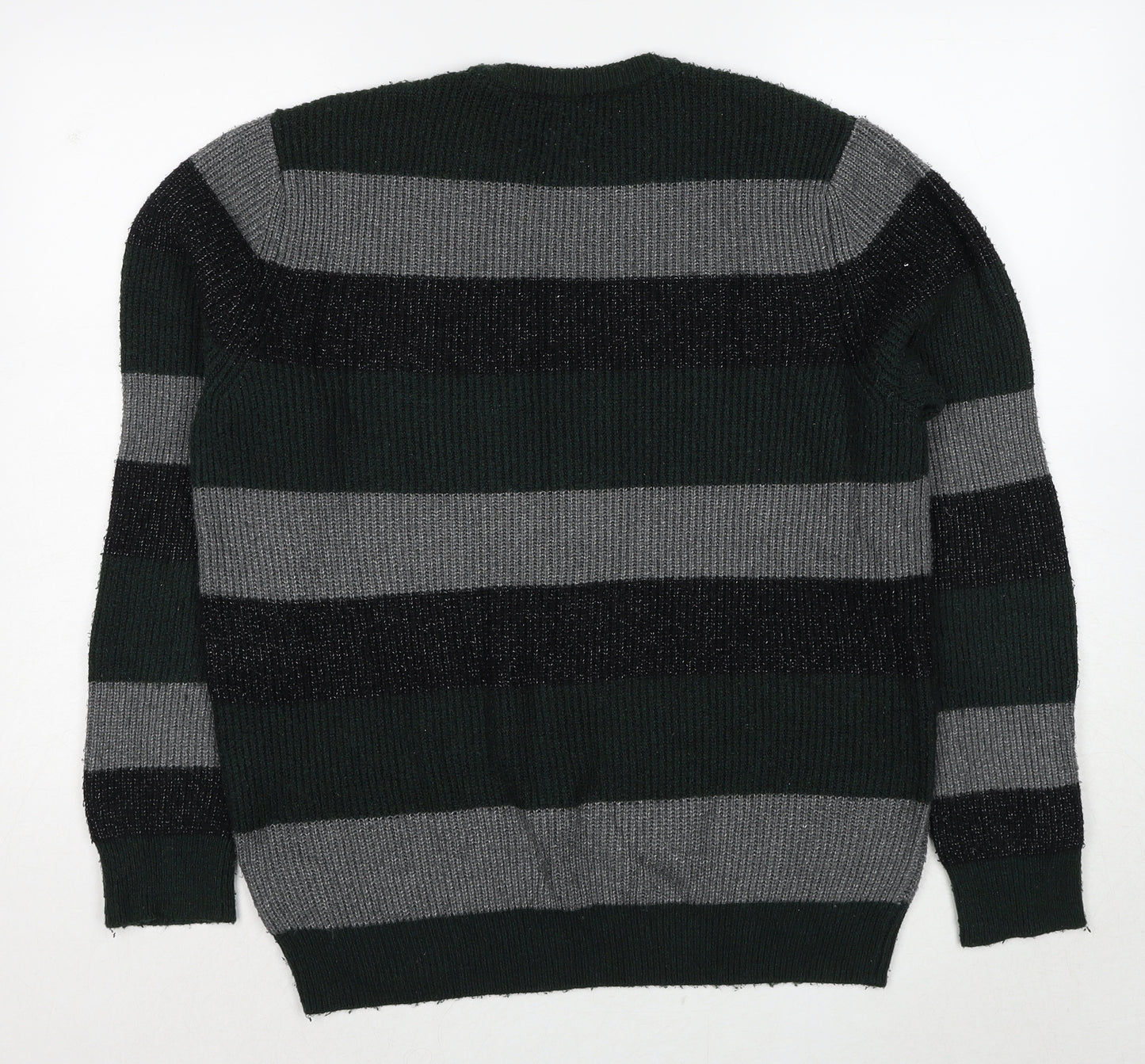 Marks and Spencer Mens Green Round Neck Striped Polyamide Pullover Jumper Size L Long Sleeve