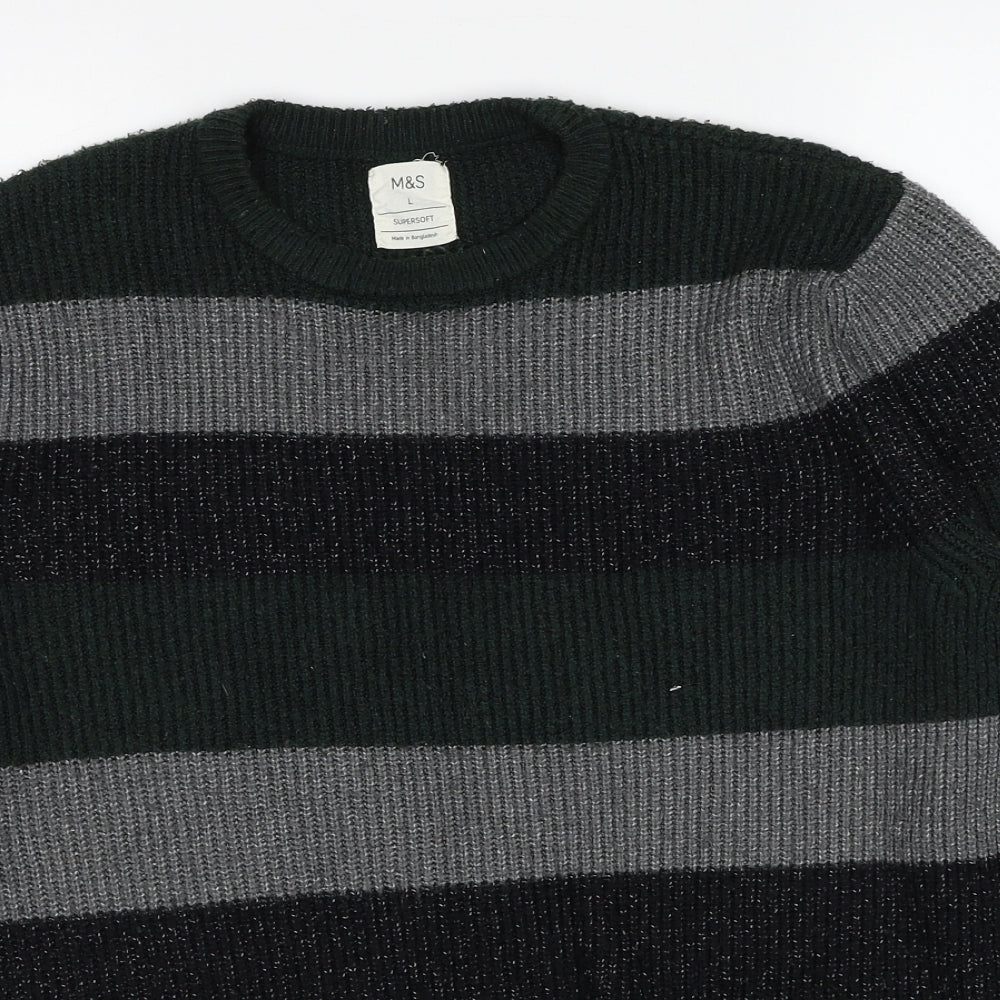 Marks and Spencer Mens Green Round Neck Striped Polyamide Pullover Jumper Size L Long Sleeve
