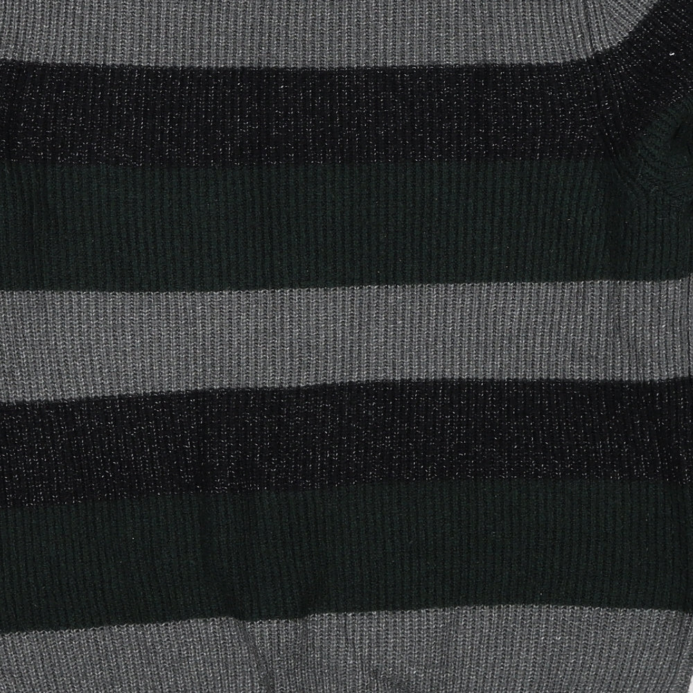 Marks and Spencer Mens Green Round Neck Striped Polyamide Pullover Jumper Size L Long Sleeve