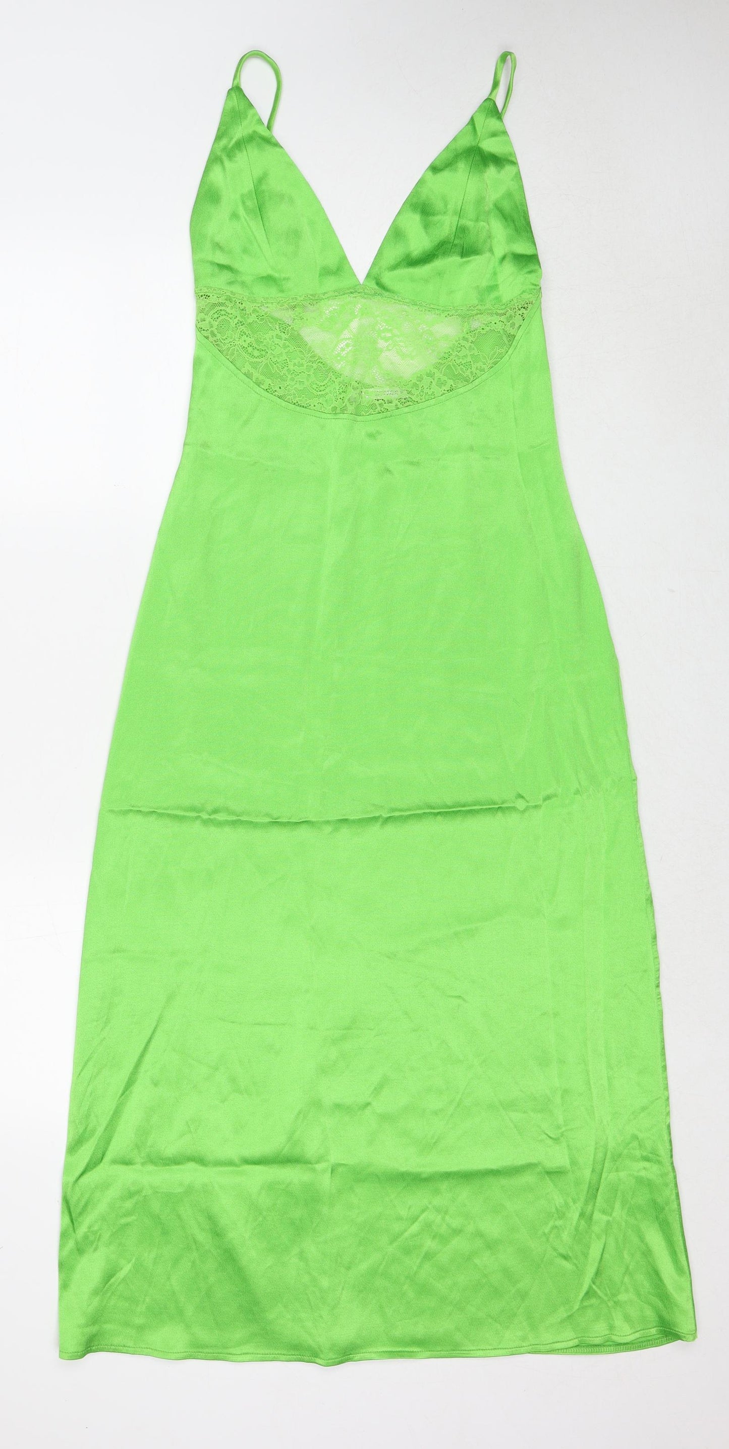 Zara Womens Green Polyester Slip Dress Size S V-Neck Zip