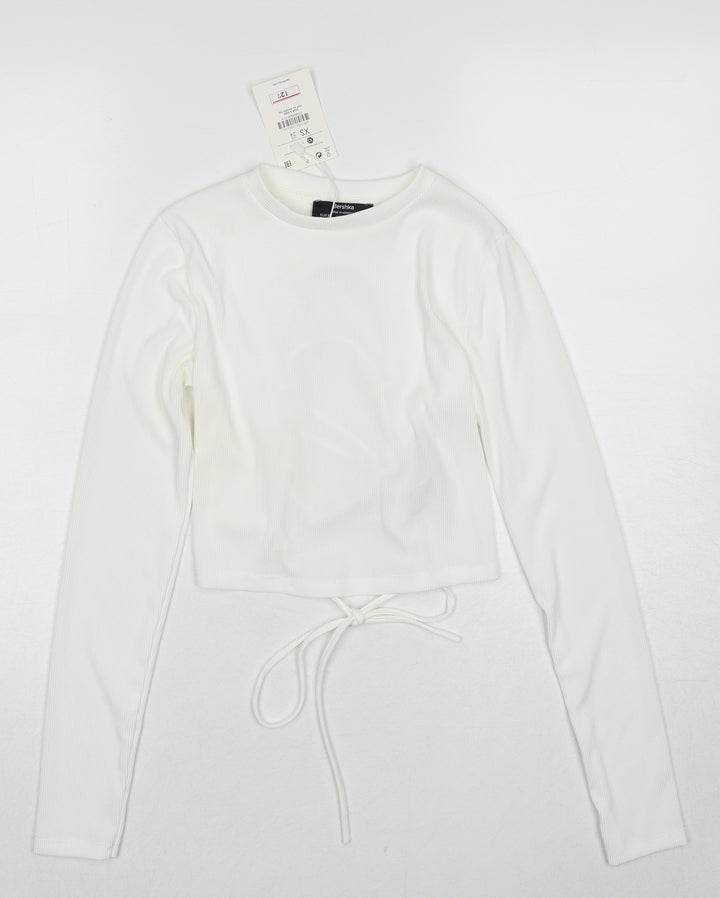 Bershka Womens White Polyester Cropped Blouse Size XS Round Neck - Open Back
