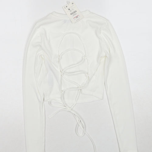 Bershka Womens White Polyester Cropped Blouse Size XS Round Neck - Open Back