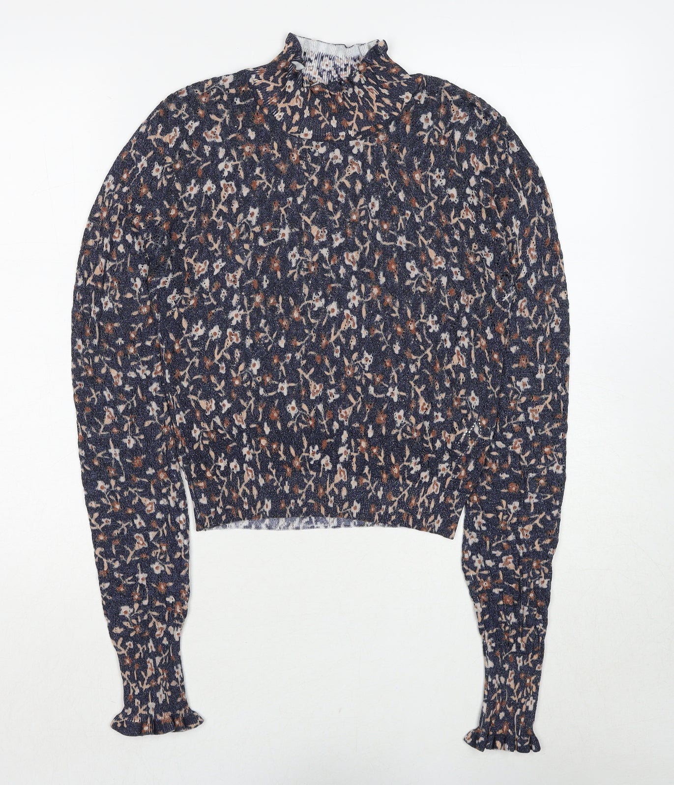 Zara Womens Blue High Neck Floral Viscose Pullover Jumper Size S