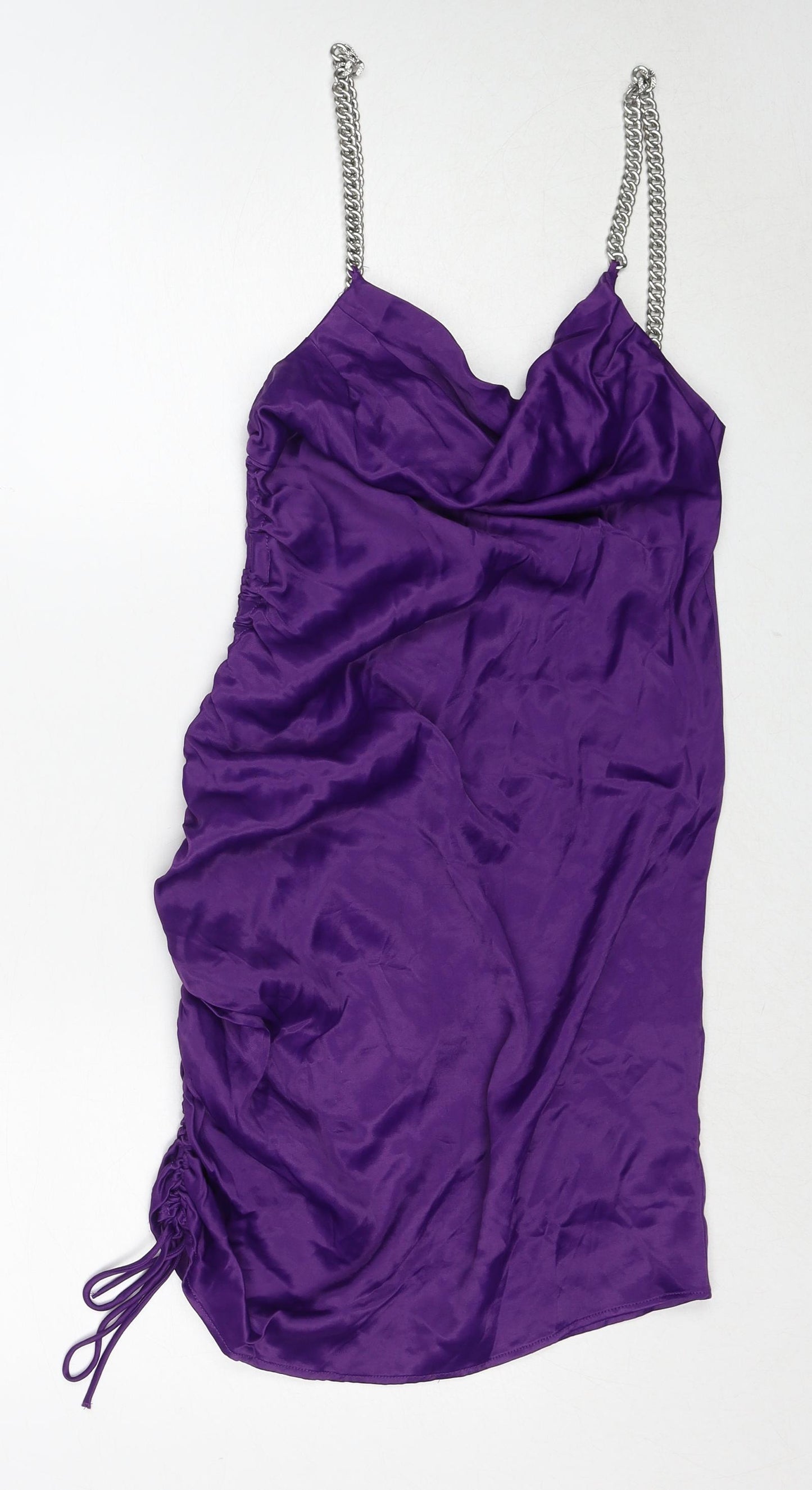 Zara Womens Purple Polyester Slip Dress Size S Cowl Neck Pullover - Chain Strap Detail