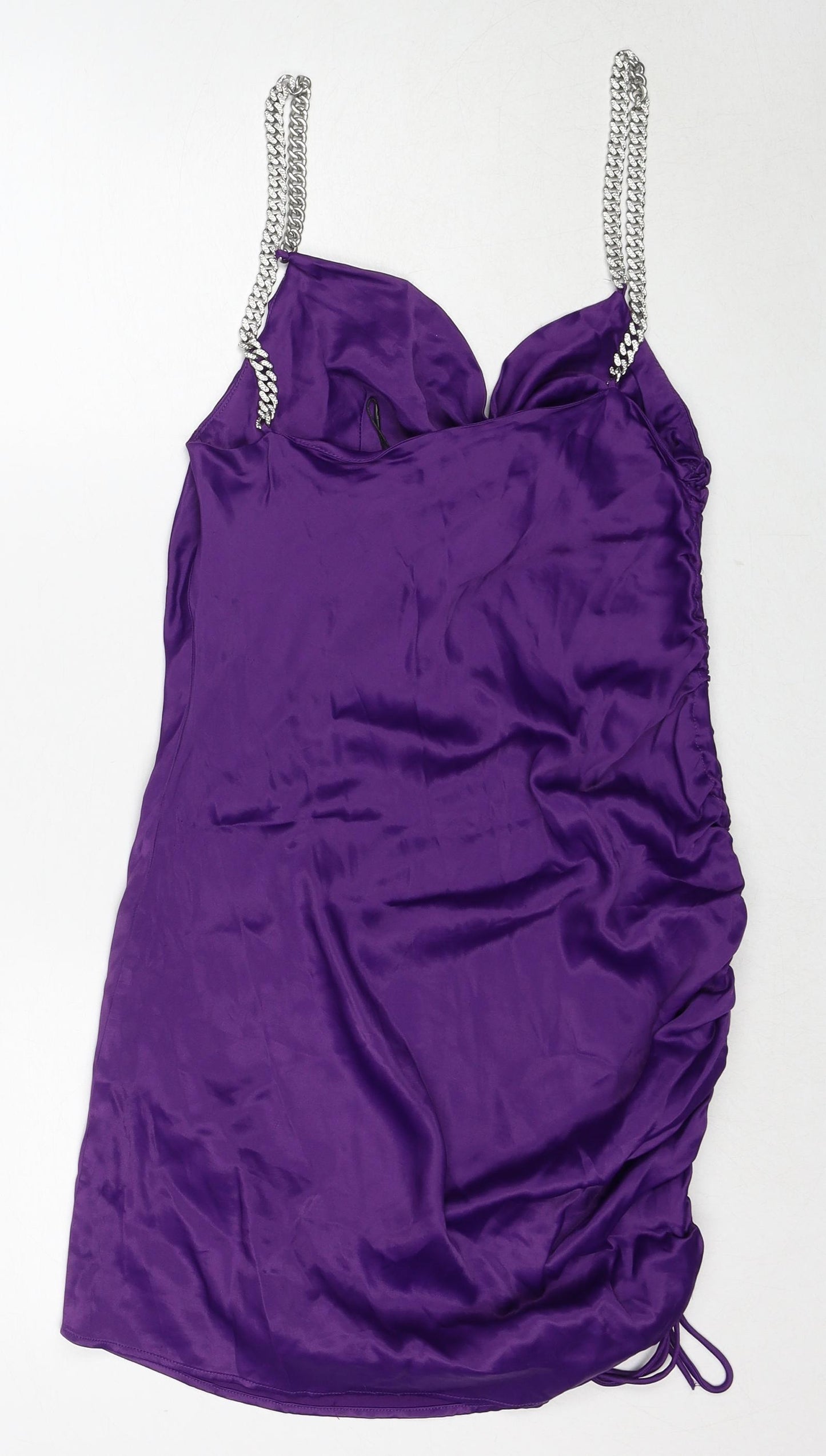 Zara Womens Purple Polyester Slip Dress Size S Cowl Neck Pullover - Chain Strap Detail