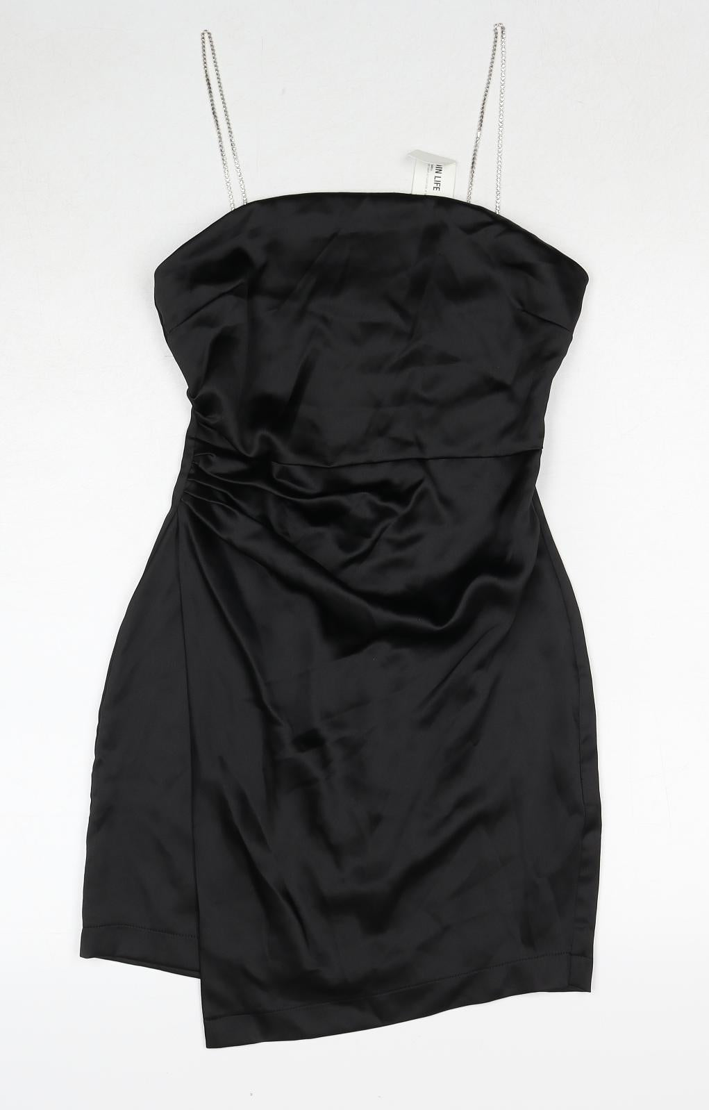 Zara Womens Black Polyester Slip Dress Size XS Square Neck Zip - Rhinestone Strap