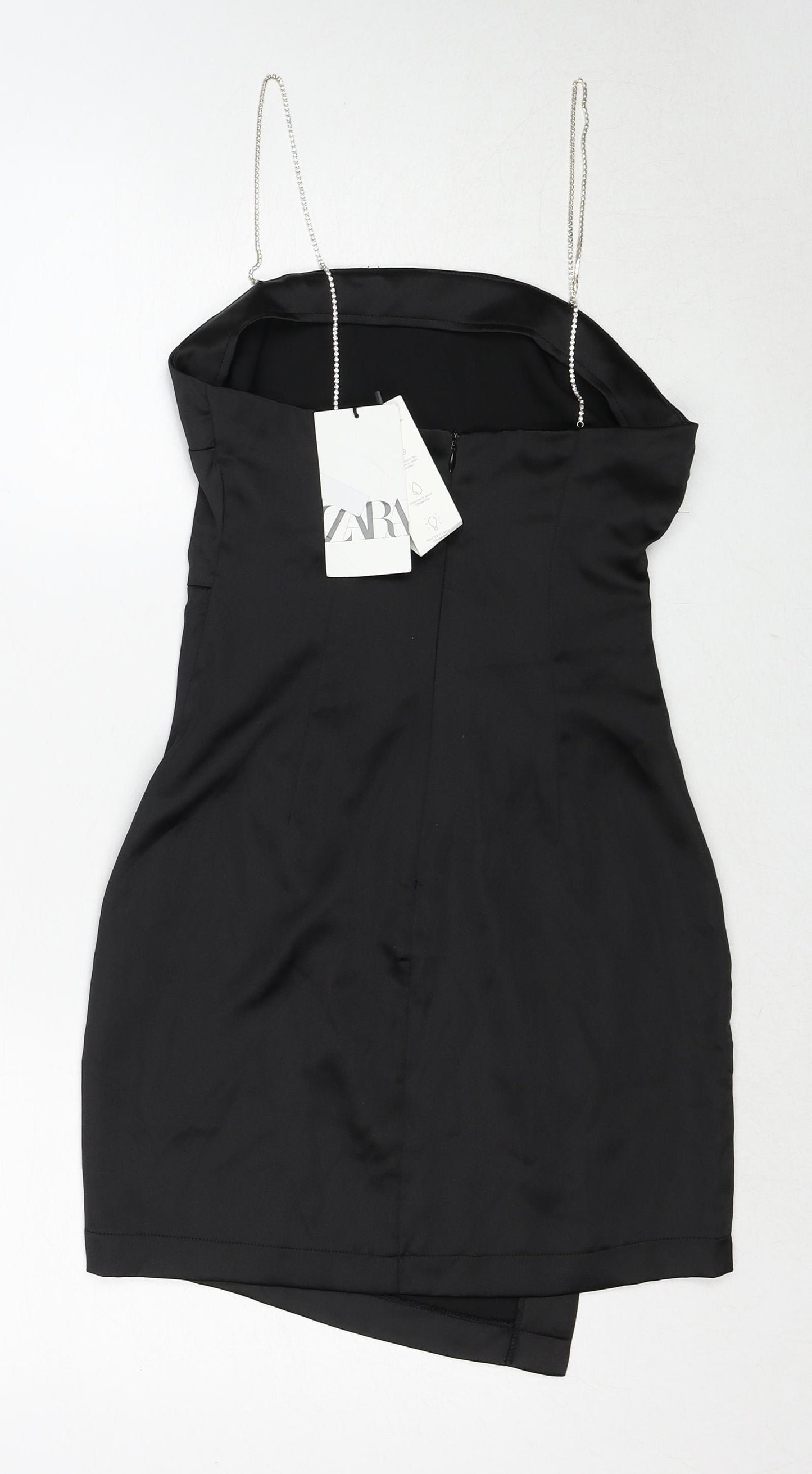 Zara Womens Black Polyester Slip Dress Size XS Square Neck Zip - Rhinestone Strap