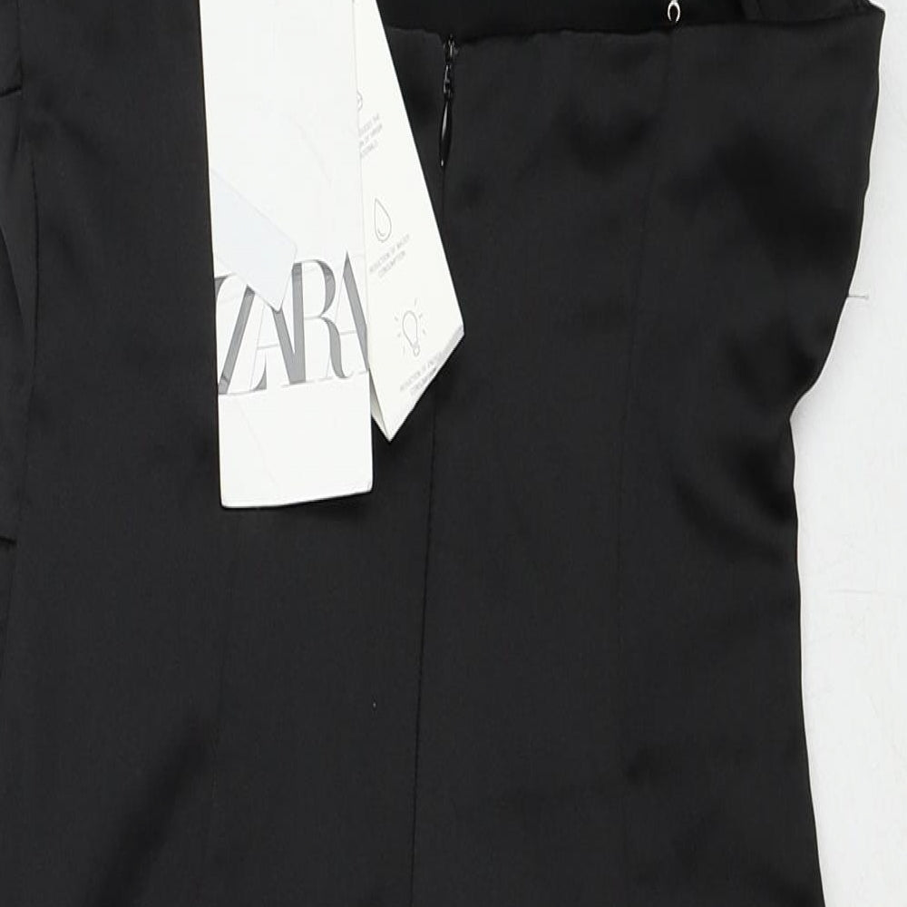 Zara Womens Black Polyester Slip Dress Size XS Square Neck Zip - Rhinestone Strap