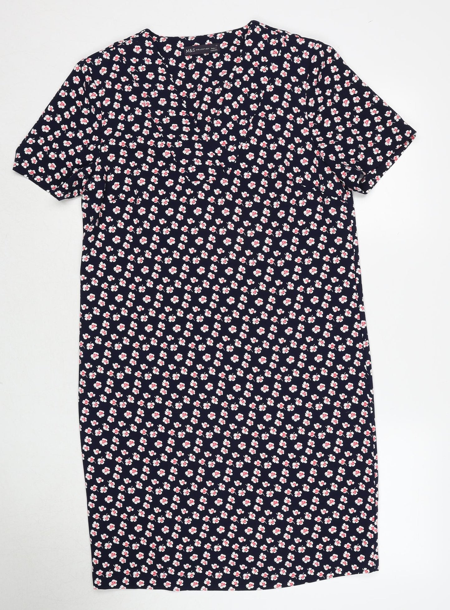 Marks and Spencer Womens Blue Floral Polyester A-Line Size 8 V-Neck Pullover