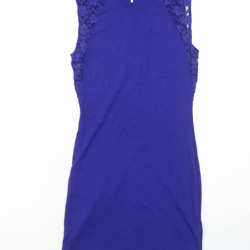H&M Womens Blue Viscose Bodycon Size 12 Boat Neck Button - Lace Detail
