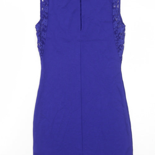 H&M Womens Blue Viscose Bodycon Size 12 Boat Neck Button - Lace Detail