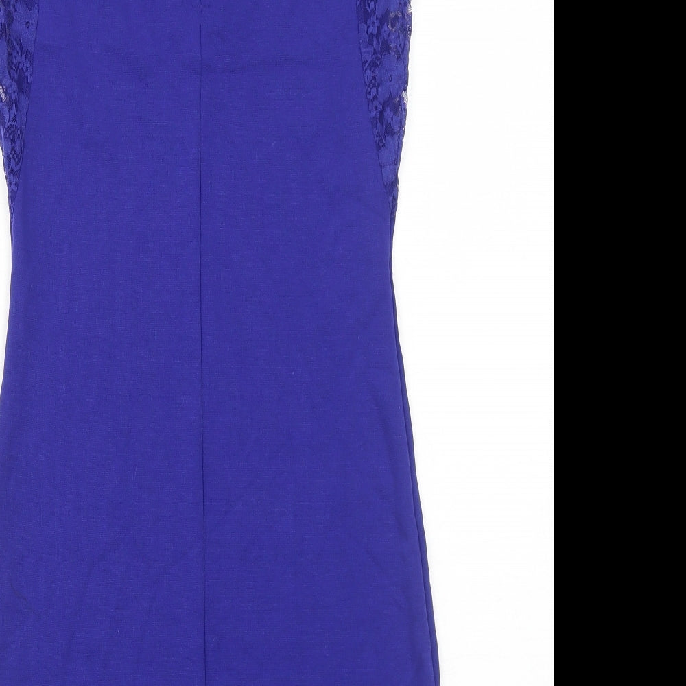 H&M Womens Blue Viscose Bodycon Size 12 Boat Neck Button - Lace Detail