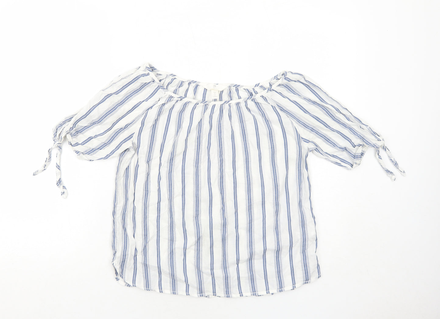 H&M Womens Blue Striped Cotton Basic Blouse Size 6 Round Neck