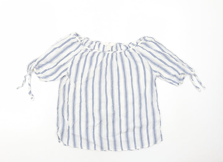 H&M Womens Blue Striped Cotton Basic Blouse Size 6 Round Neck