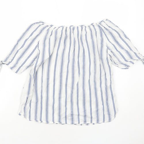 H&M Womens Blue Striped Cotton Basic Blouse Size 6 Round Neck