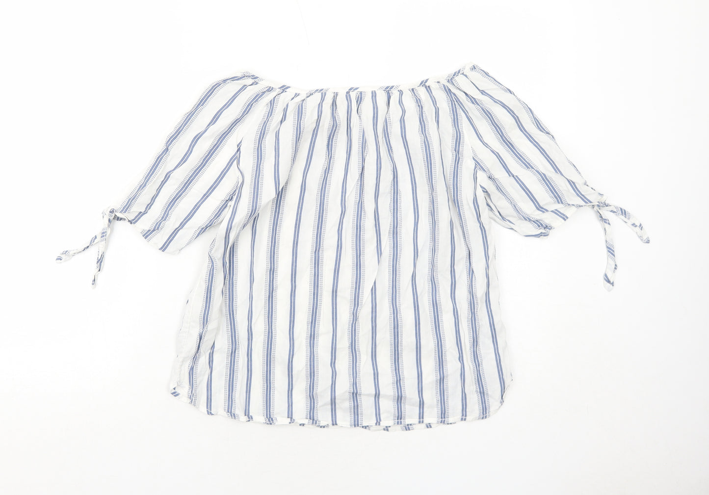 H&M Womens Blue Striped Cotton Basic Blouse Size 6 Round Neck