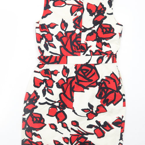 Hobbs Womens White Floral Cotton Shift Size 12 Boat Neck Zip