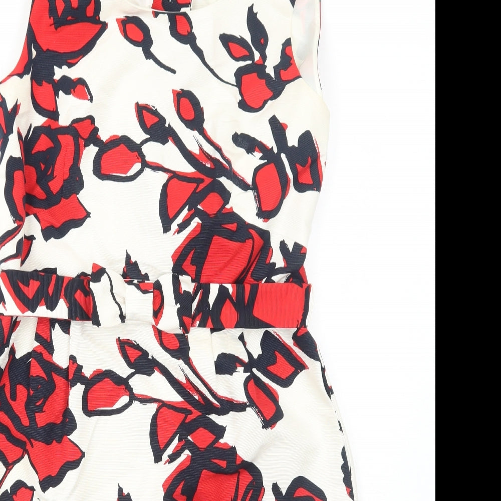 Hobbs Womens White Floral Cotton Shift Size 12 Boat Neck Zip