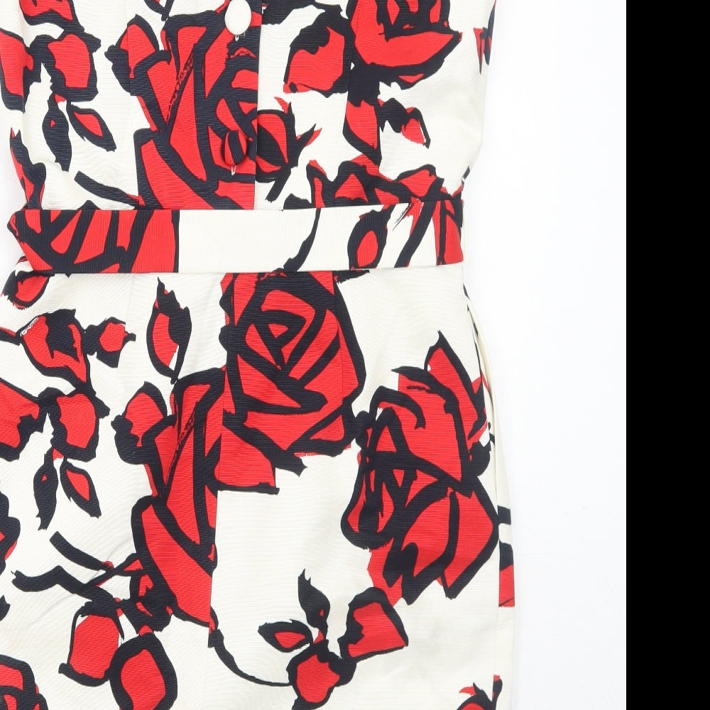 Hobbs Womens White Floral Cotton Shift Size 12 Boat Neck Zip