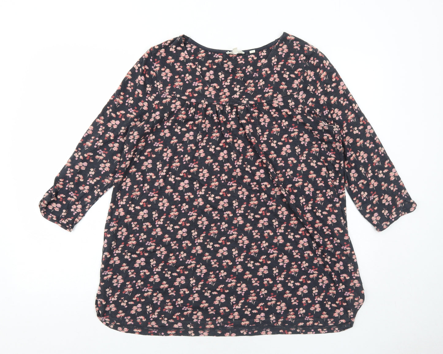 Fat Face Womens Black Floral Cotton Basic T-Shirt Size 12 V-Neck