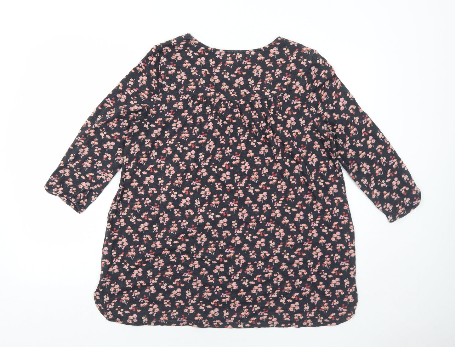 Fat Face Womens Black Floral Cotton Basic T-Shirt Size 12 V-Neck