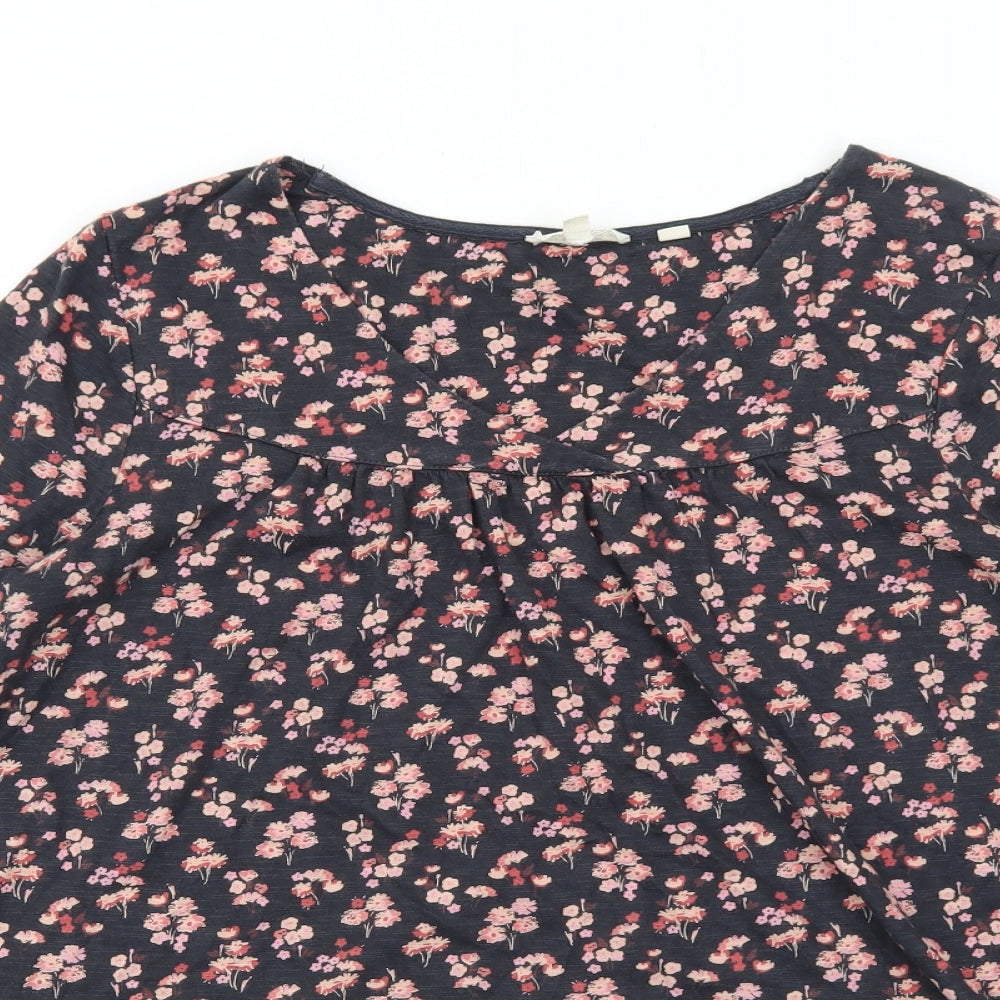 Fat Face Womens Black Floral Cotton Basic T-Shirt Size 12 V-Neck