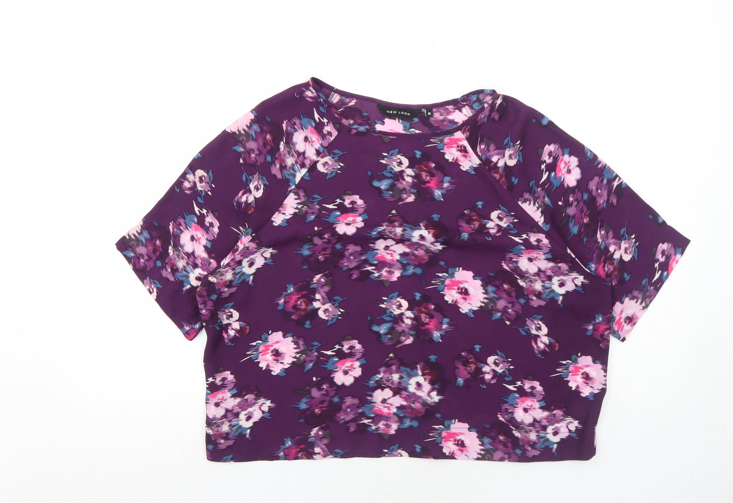 New Look Womens Purple Floral Polyester Basic T-Shirt Size 10 Round Neck